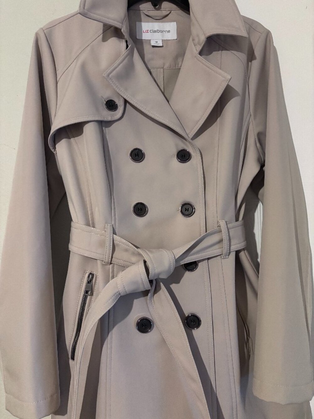 Liz Claiborne Beige Double Breasted Belted Trench Coat Jacket - Size Medium
